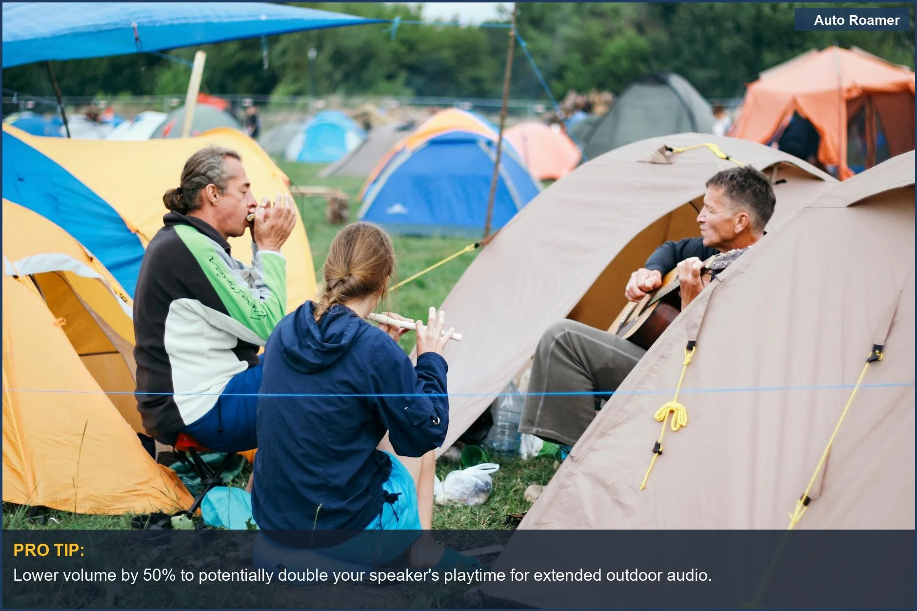 Campers enjoy music outdoors, highlighting the importance of speaker battery life for camping adventures.