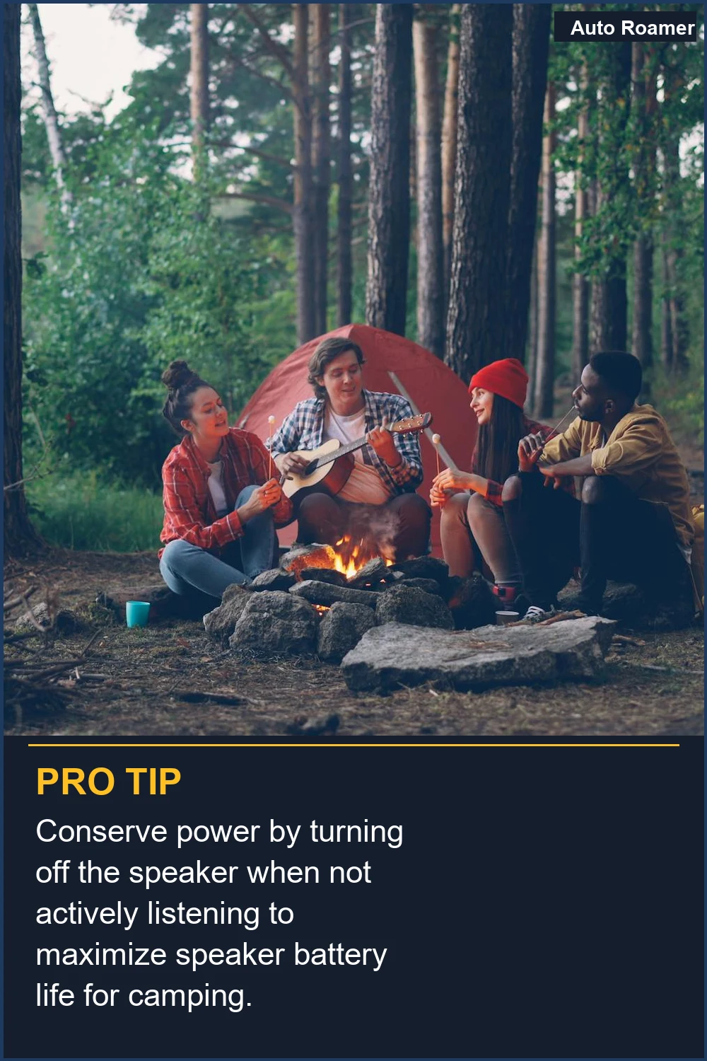 Conserve power by turning off the speaker when not actively listening to maximize speaker battery life for camping.