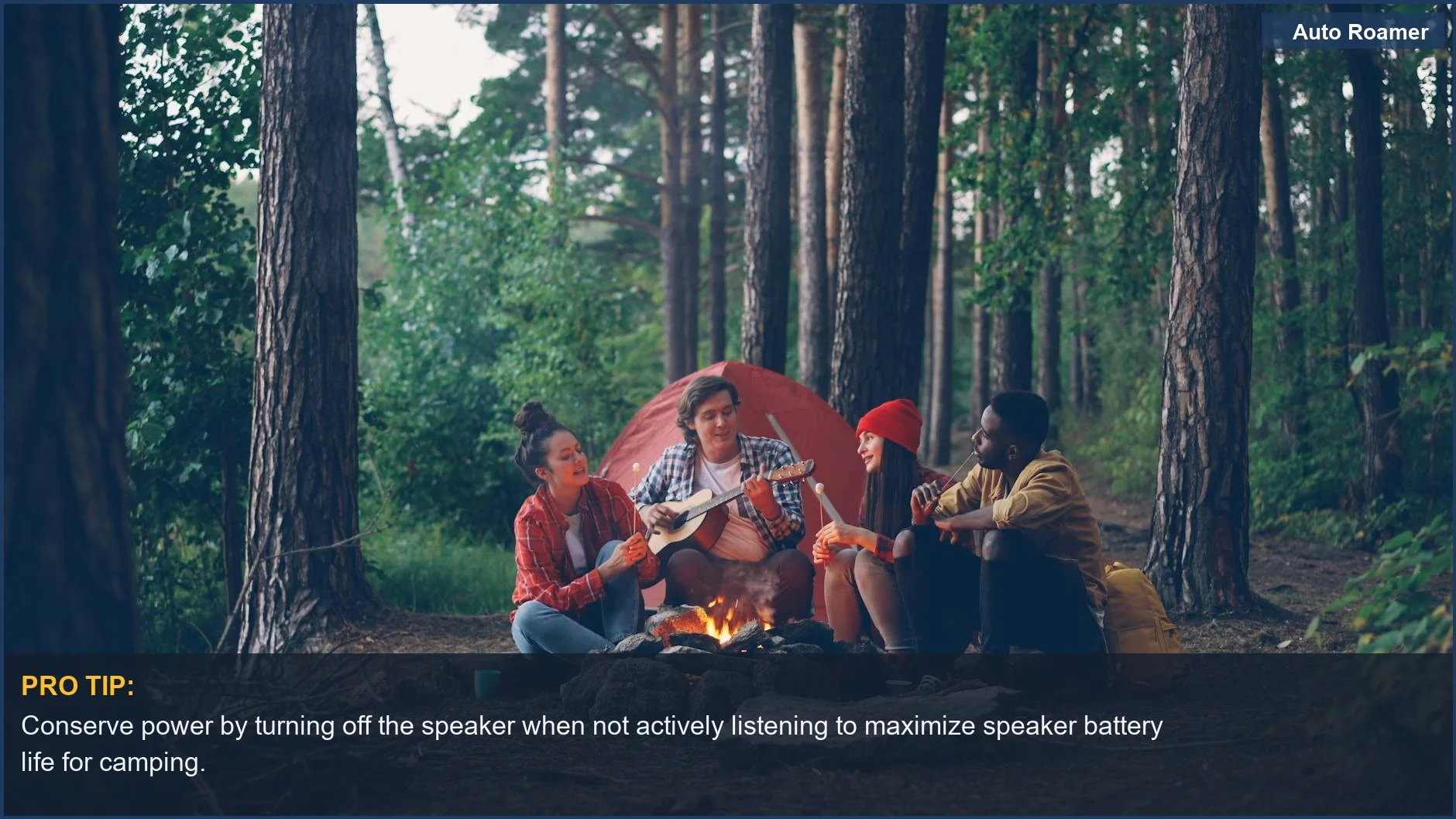 Adults gather around a campfire, emphasizing speaker battery life for camping and shared experiences.
