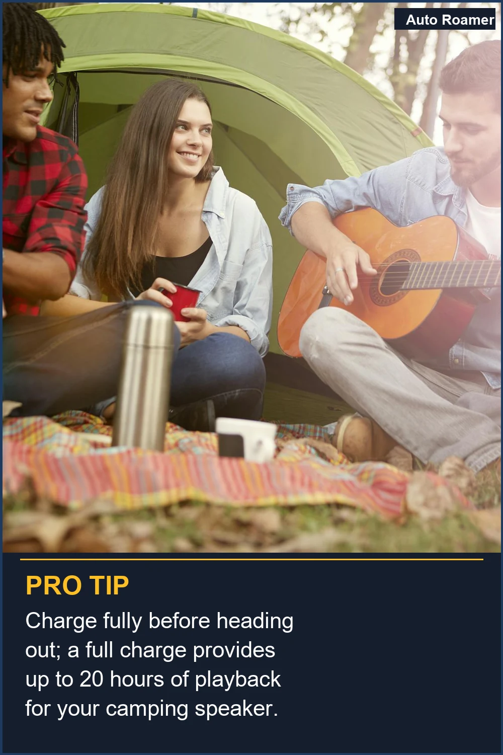 Charge fully before heading out; a full charge provides up to 20 hours of playback for your camping speaker.