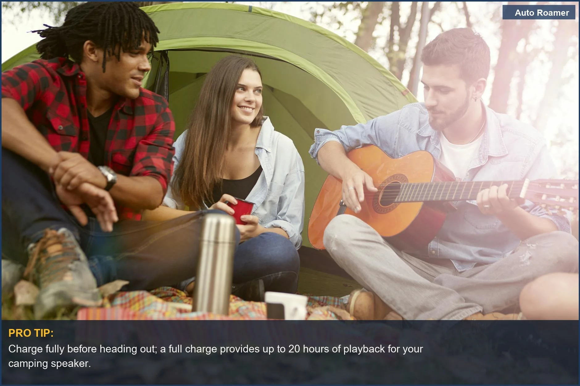 Friends share a summer camping trip with music, underscoring the need for outdoor audio power.
