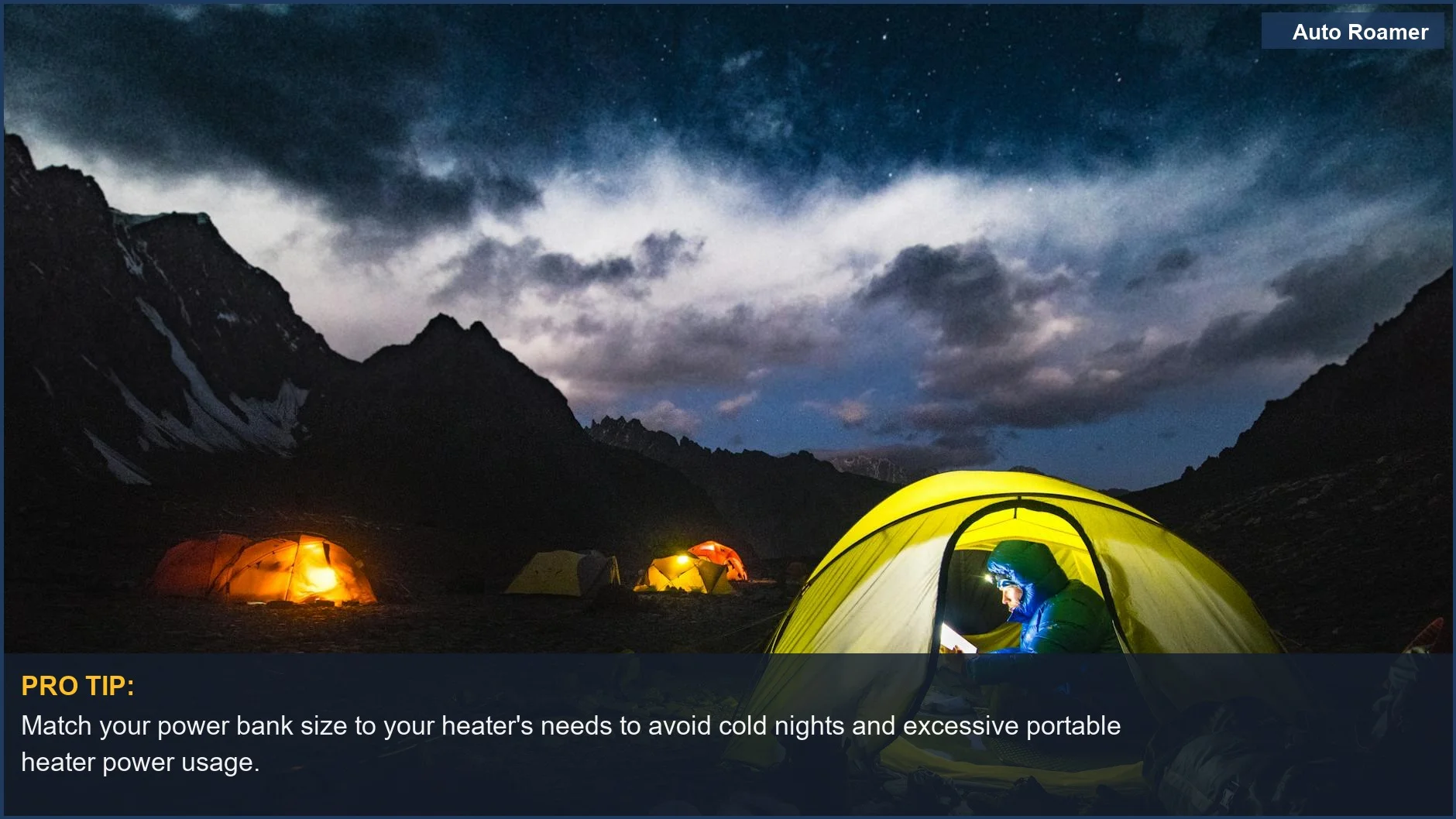 Scenic night car camping in Afghanistan with illuminated tents under a starry sky, impacting portable heater power usage.