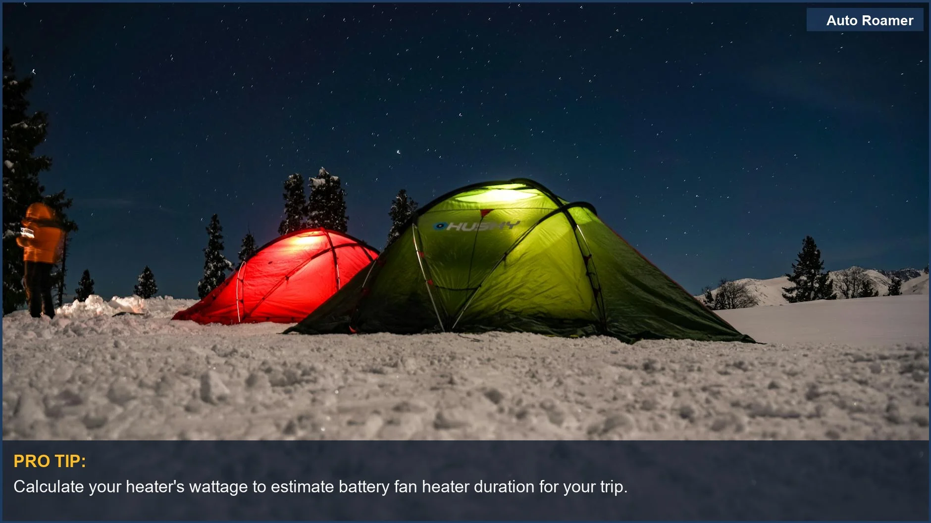Illuminated car camping tents at night in snow, showing battery fan heater duration challenges.