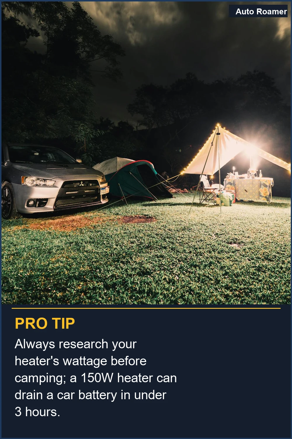 Always research your heater's wattage before camping; a 150W heater can drain a car battery in under 3 hours.