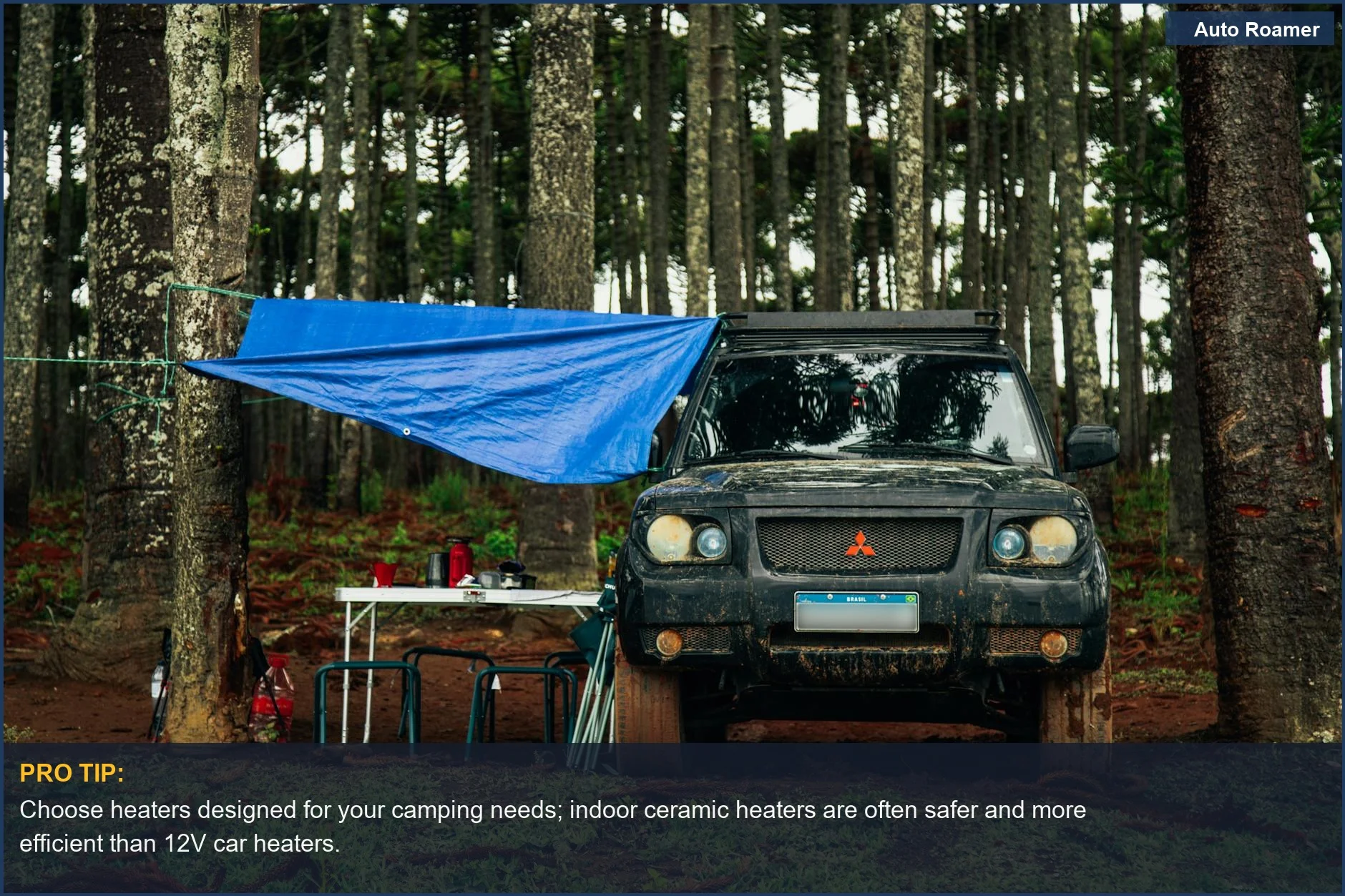 Rugged off-road vehicle set up for camping in a forest clearing, emphasizing battery fan heater risks.