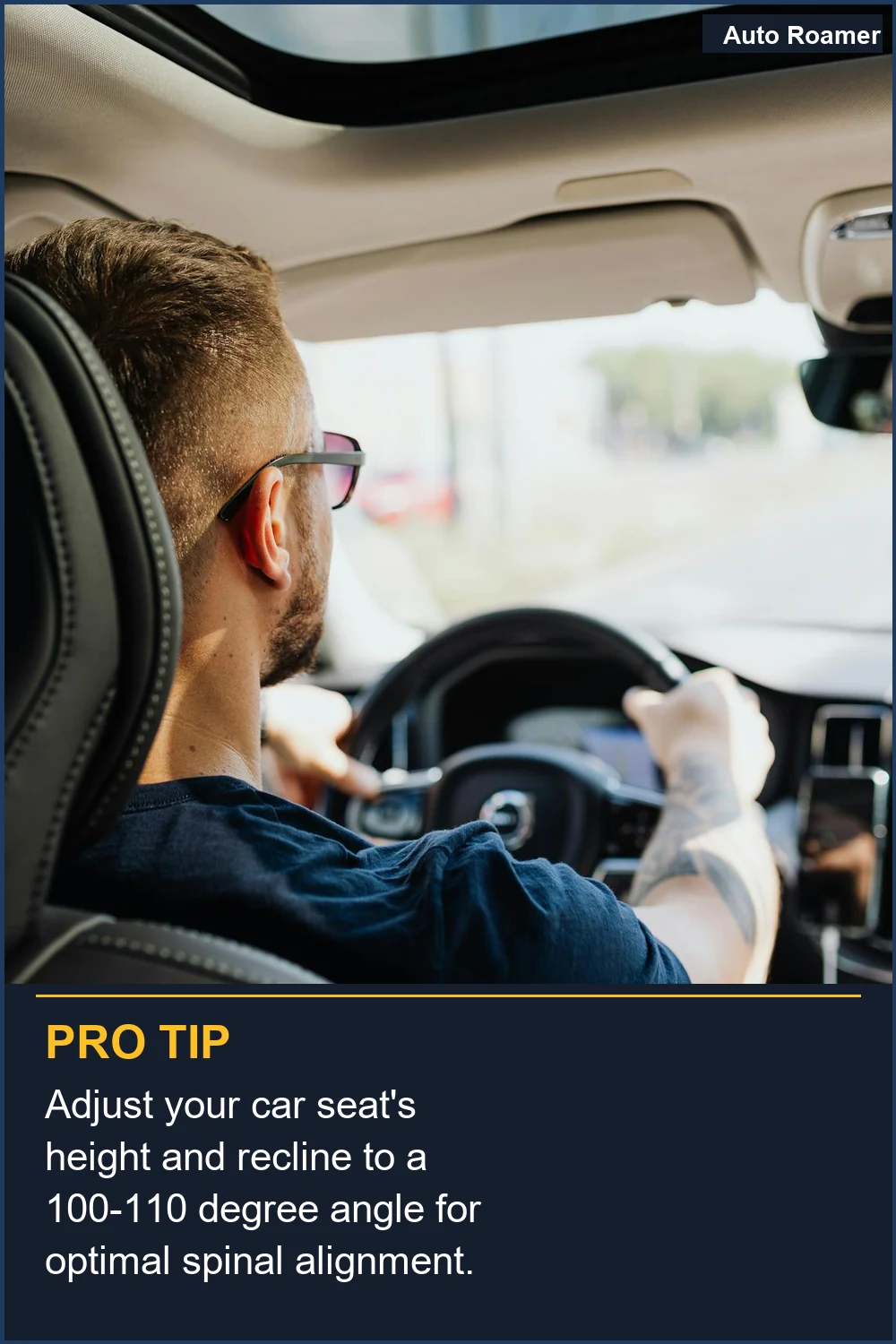 Ajusta la altura y la inclinación del asiento de tu coche a un ángulo de 100-110 grados para una alineación óptima de la columna.