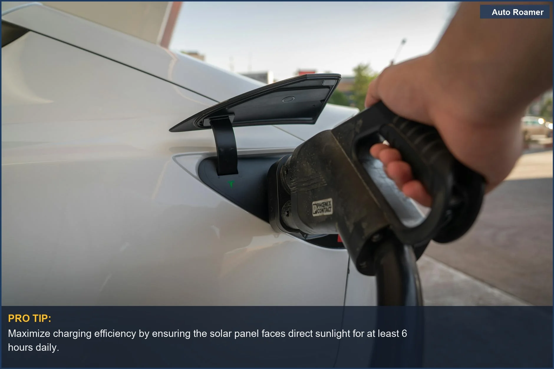 Close-up of an electric car charging, showcasing a solar dash cam's eco-friendly dash cam benefits.