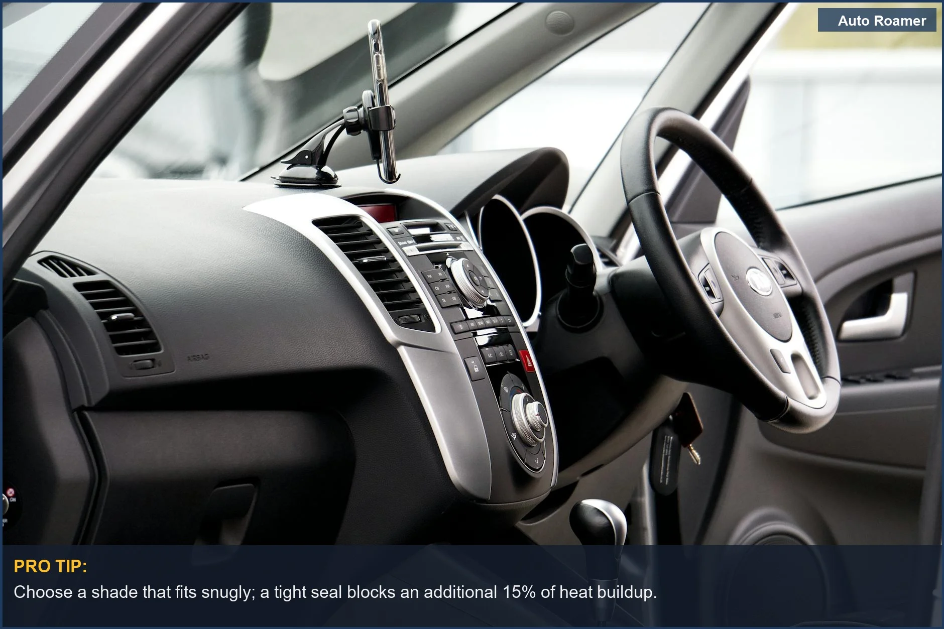 Sleek car dashboard and steering wheel, showcasing effective car interior heat reduction with sun shades.