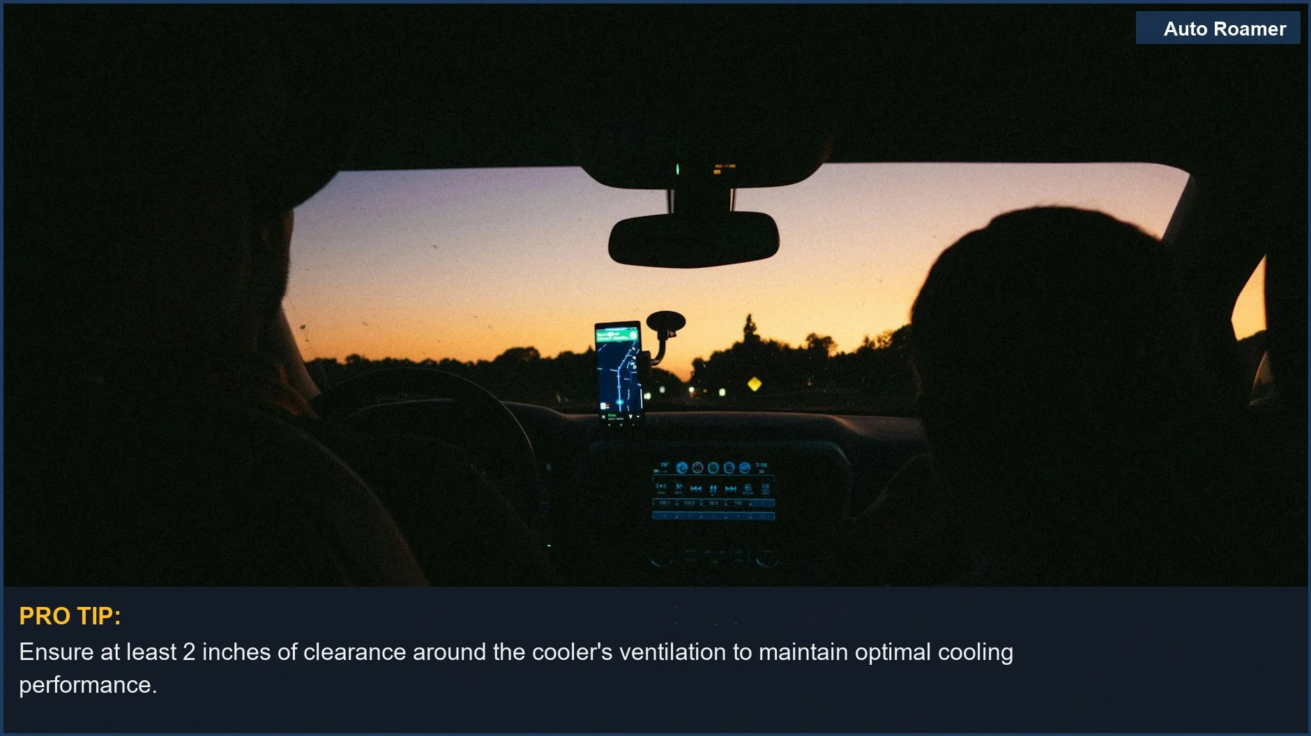 Car interior with navigation app at sunset, highlighting travel and the best 12v car cooler for road trips.