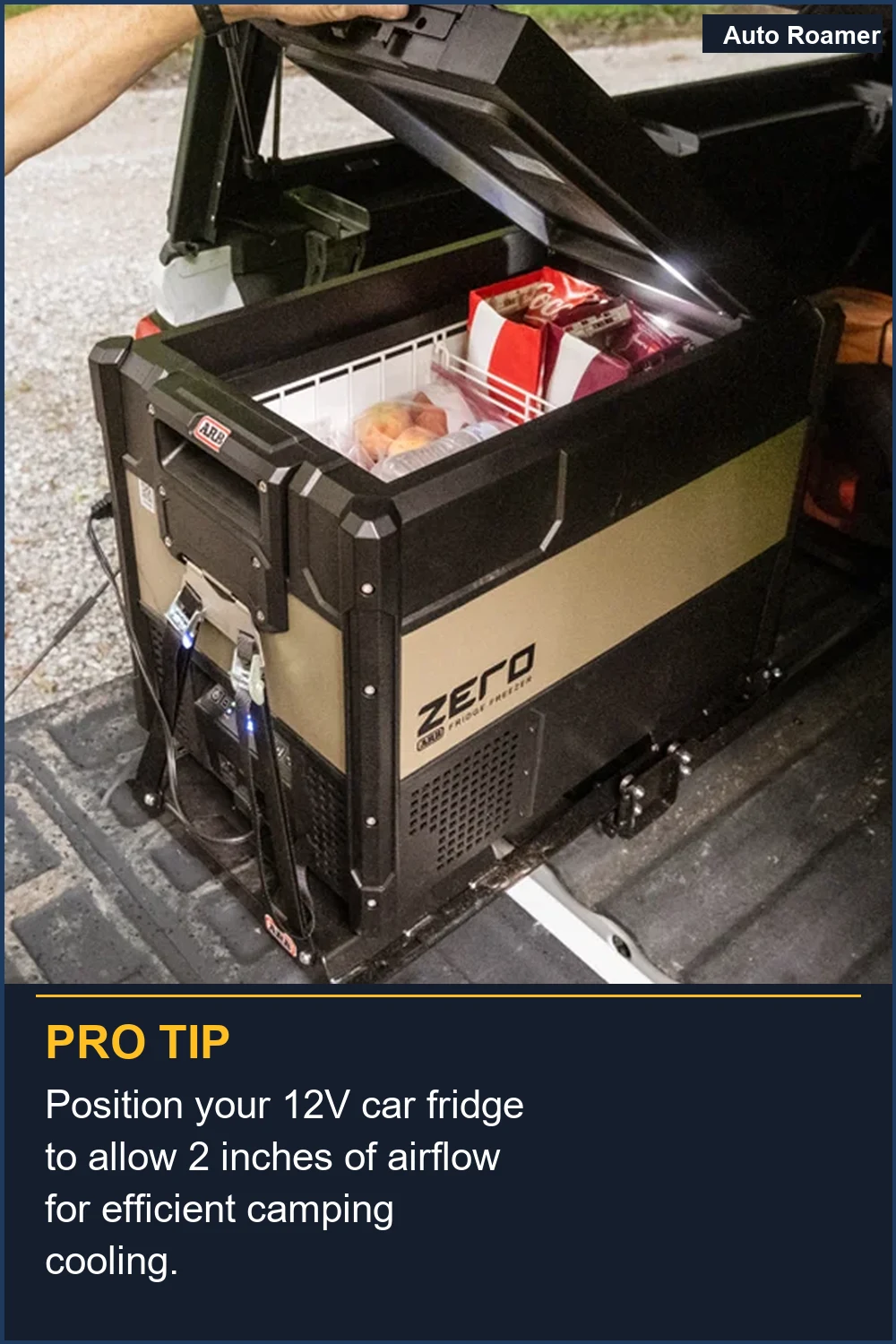 Position your 12V car fridge to allow 2 inches of airflow for efficient camping cooling.