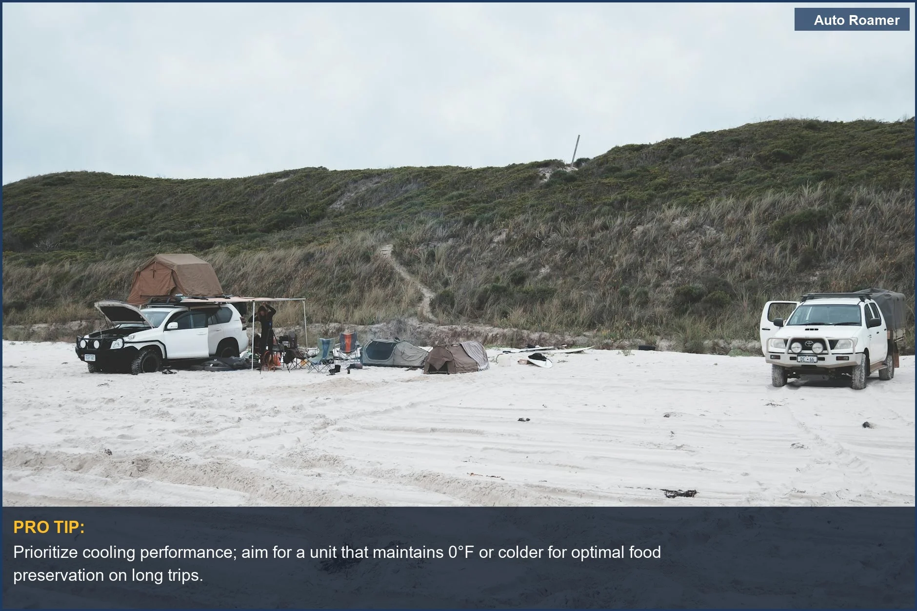 Peaceful beach campsite with SUVs and coastal scenery, ideal for road trip refrigeration.