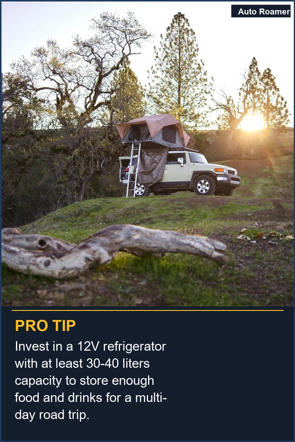 Invest in a 12V refrigerator with at least 30-40 liters capacity to store enough food and drinks for a multi-day road trip.