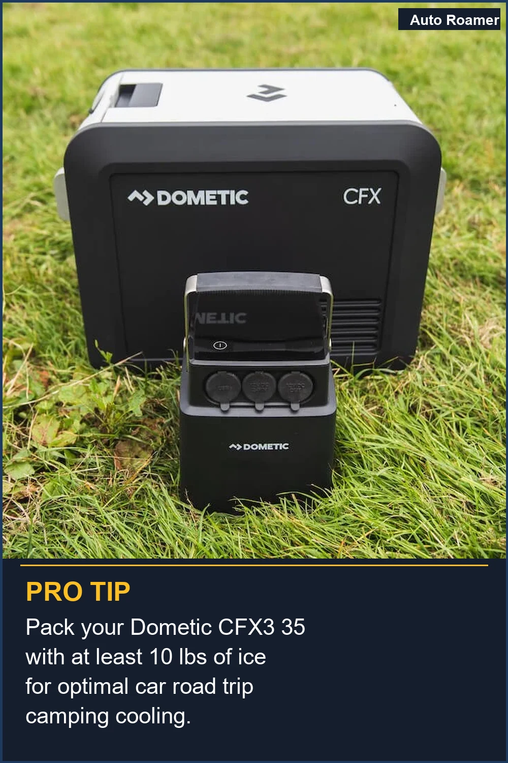 Pack your Dometic CFX3 35 with at least 10 lbs of ice for optimal car road trip camping cooling.