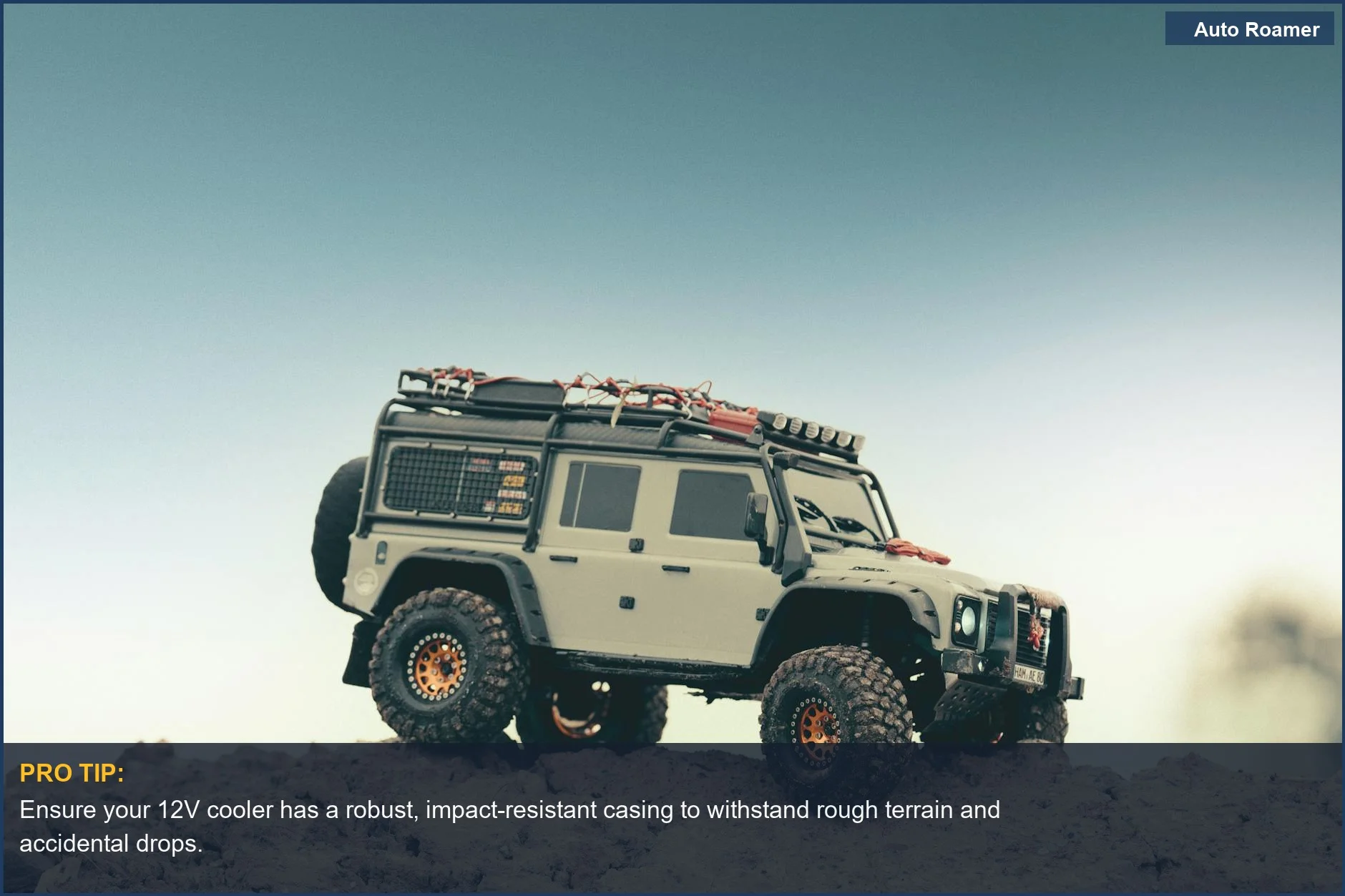 Rugged off roader on rocky terrain, showcasing durability for the best 12v portable cooler fridge experience.