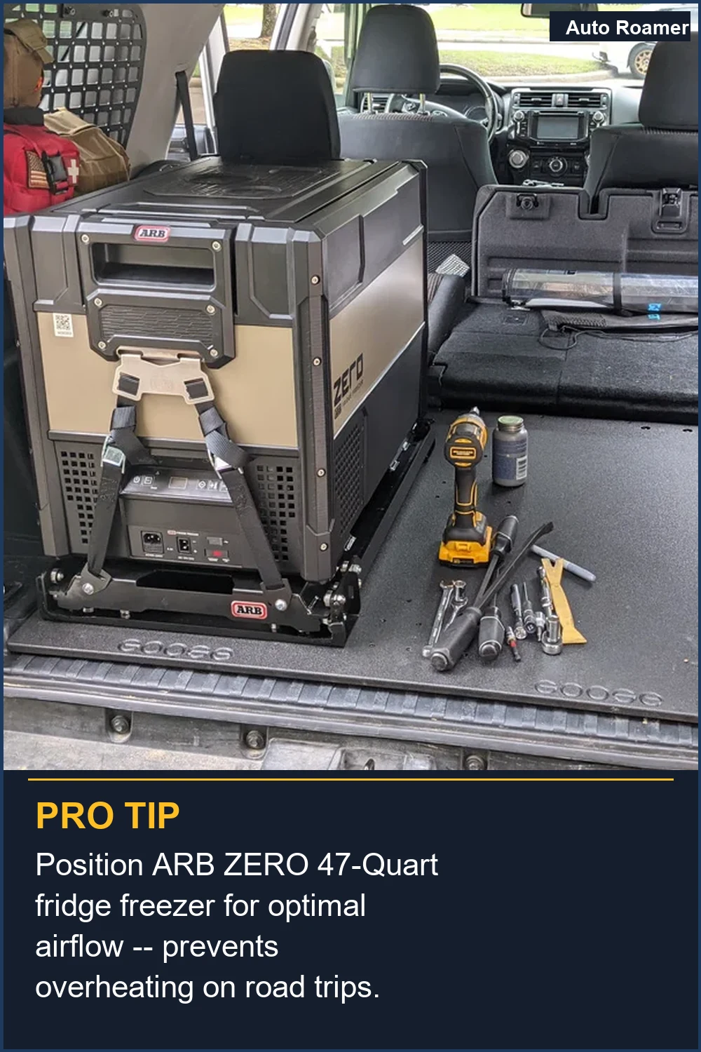 Position ARB ZERO 47-Quart fridge freezer for optimal airflow -- prevents overheating on road trips.