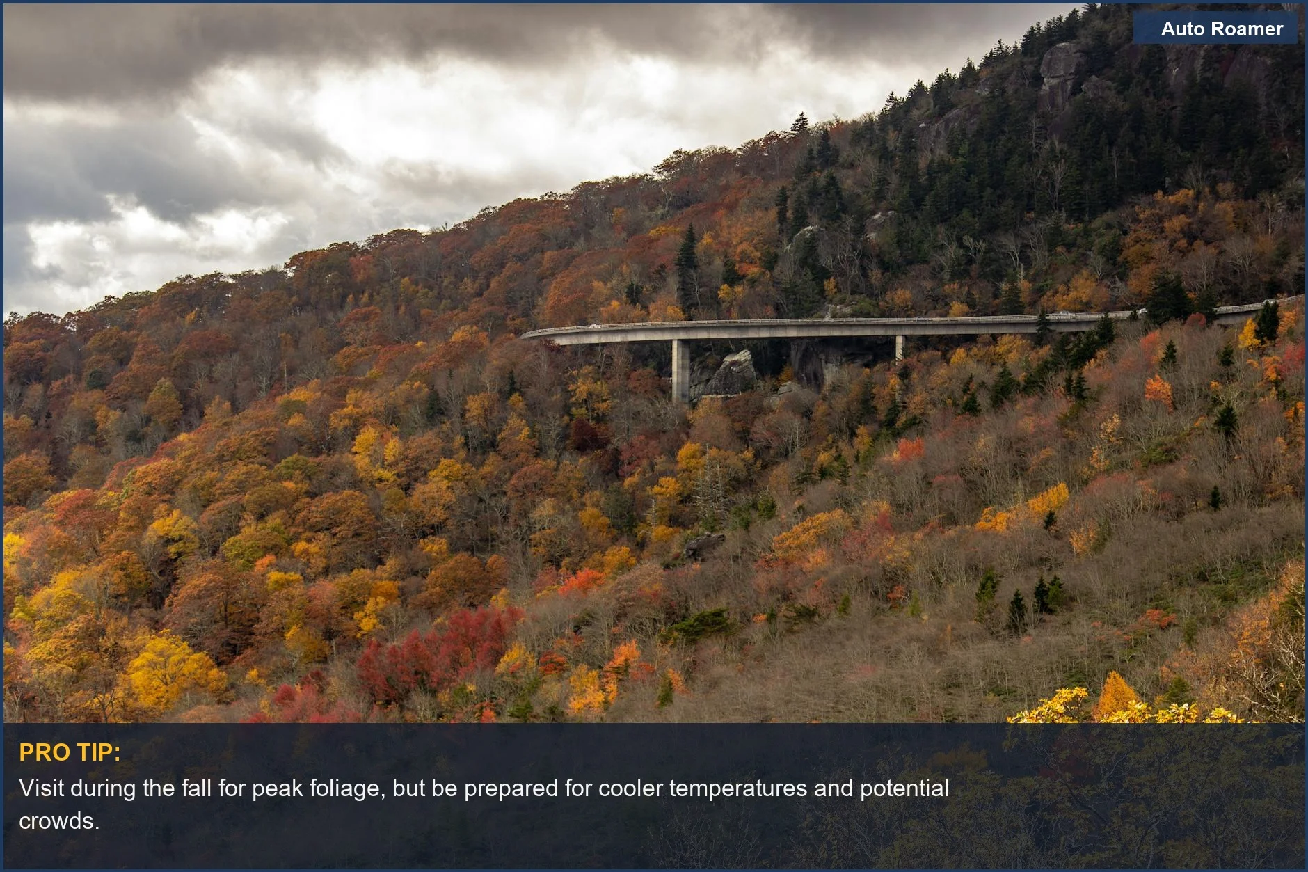 Vibrant autumn foliage blankets the Blue Ridge Parkway mountains, showcasing a stunning fall car camping experience.