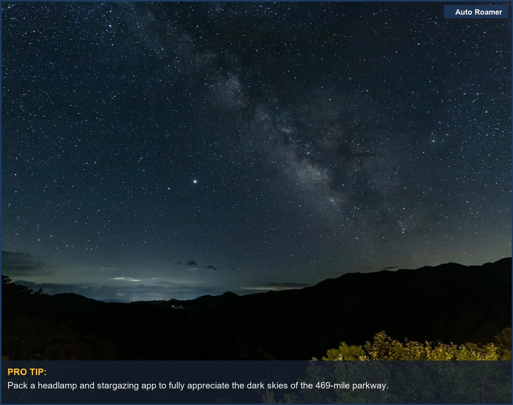 Milky Way galaxy shines above the Smoky Mountains, a celestial wonder on a Blue Ridge Parkway camping trip.