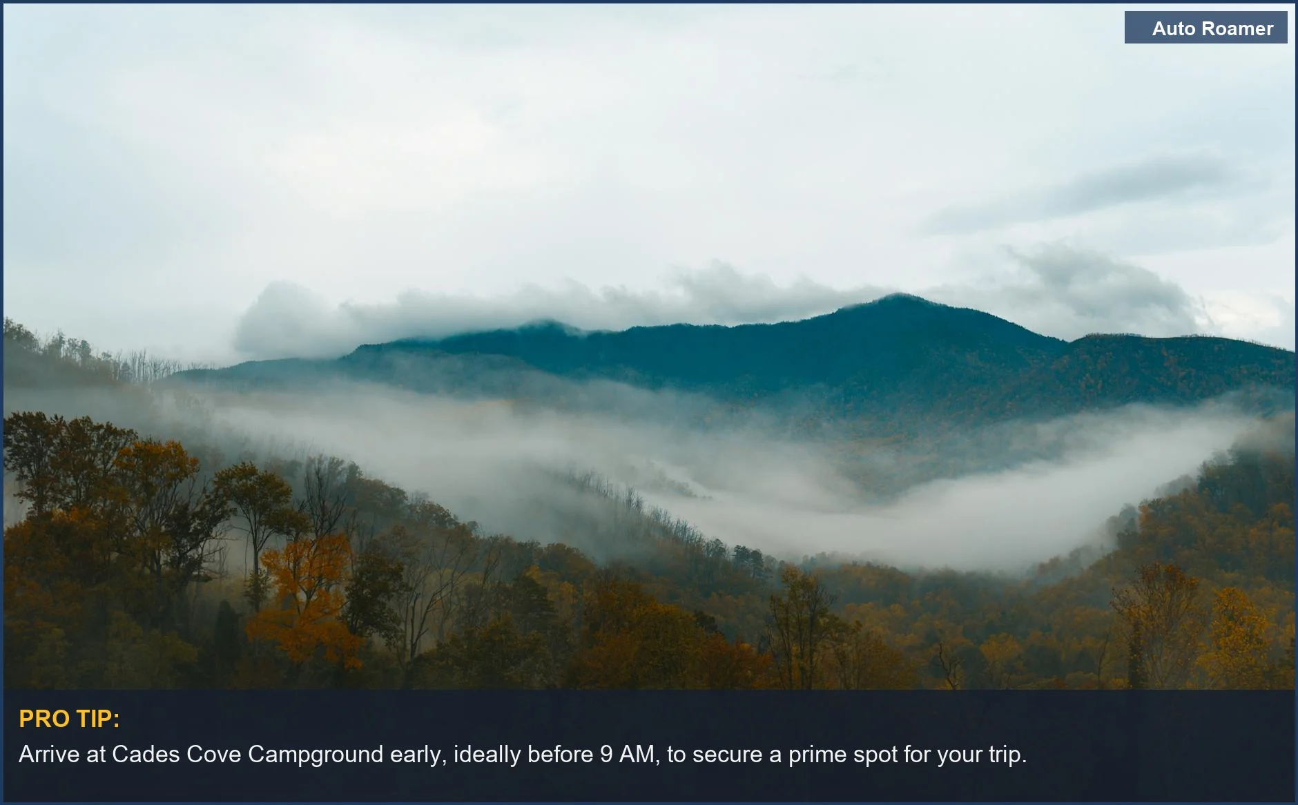 Misty autumn forest in Smoky Mountains, Tennessee, perfect for a 3-day car camping loop.