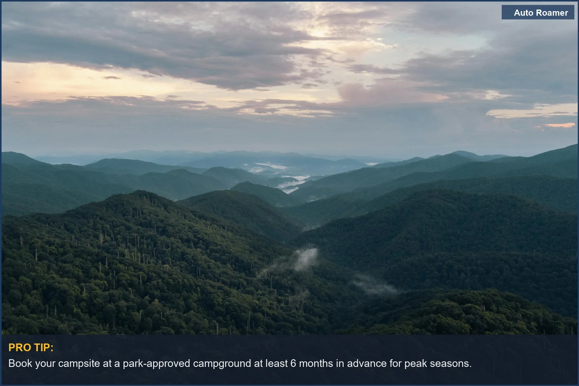 Aerial view of misty Great Smoky Mountains at sunrise, a breathtaking start to a camping adventure.