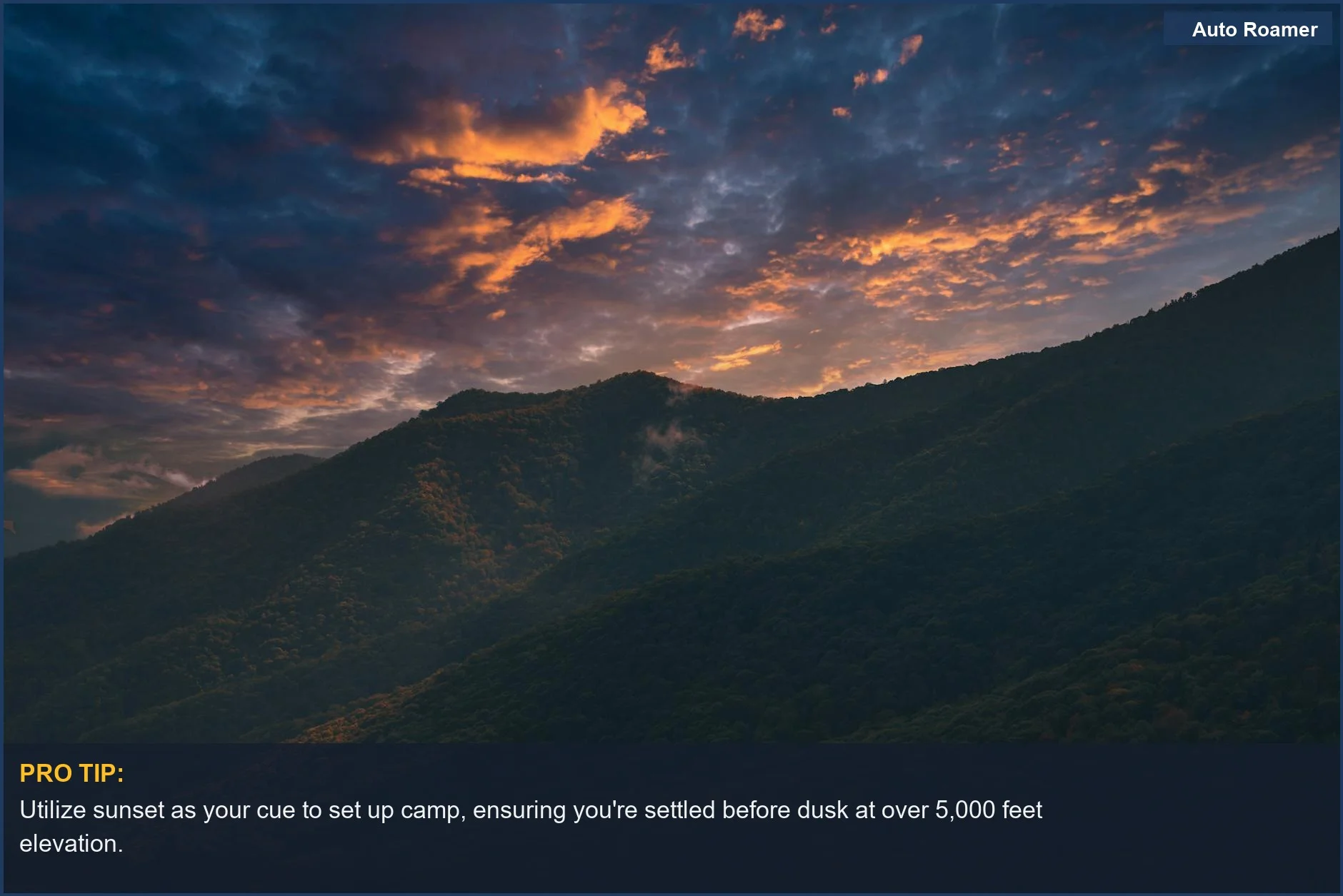 Vivid sunset over silhouetted Smoky Mountains peaks, a perfect evening end to a camping day.