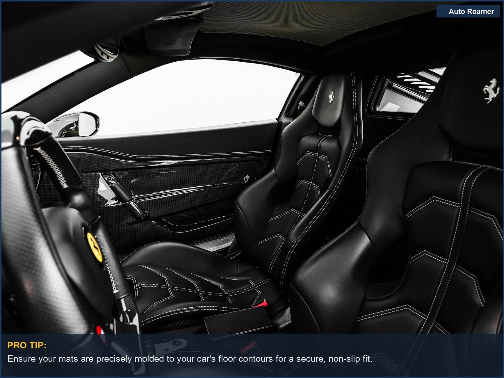 Sleek black leather interior of a Ferrari, perfect for demonstrating precision fit 3w all weather floor mats.