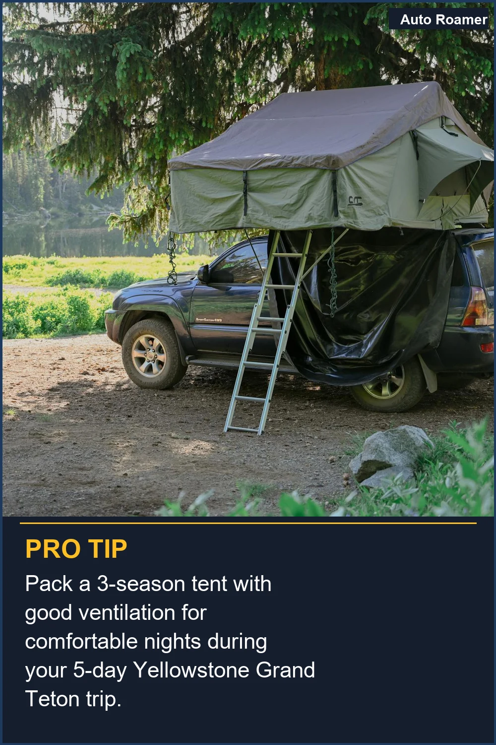Pack a 3-season tent with good ventilation for comfortable nights during your 5-day Yellowstone Grand Teton trip.