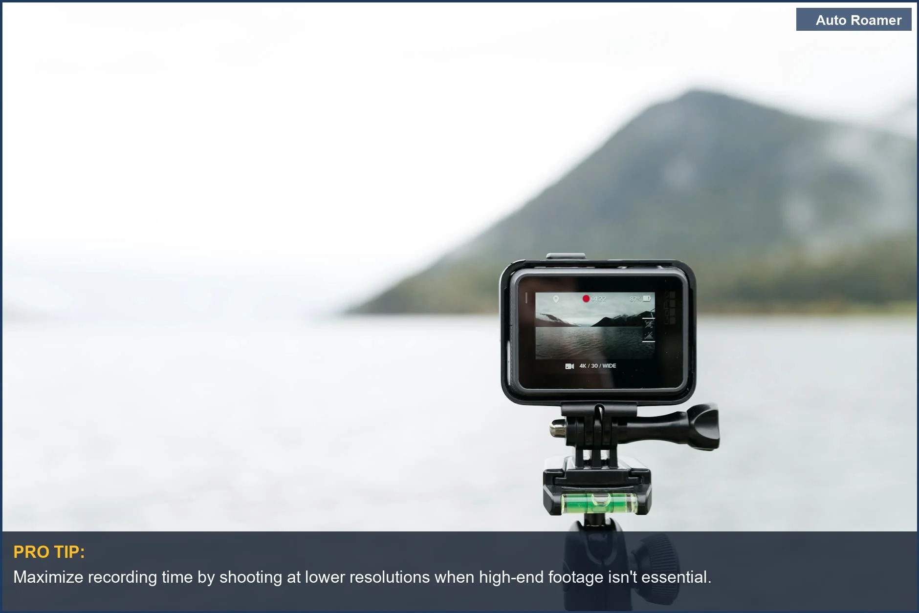 Action camera captures serene lake, highlighting the importance of long battery life for adventures.