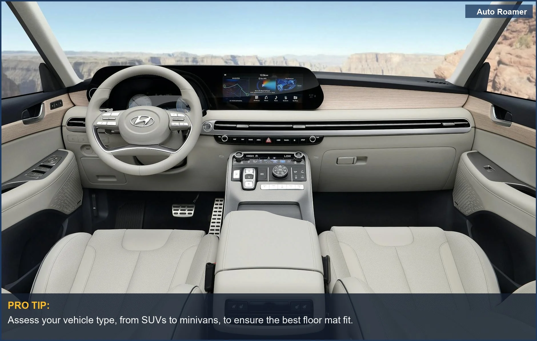 Modern Hyundai SUV interior with sleek dashboard, perfect for showcasing family car floor mat benefits.