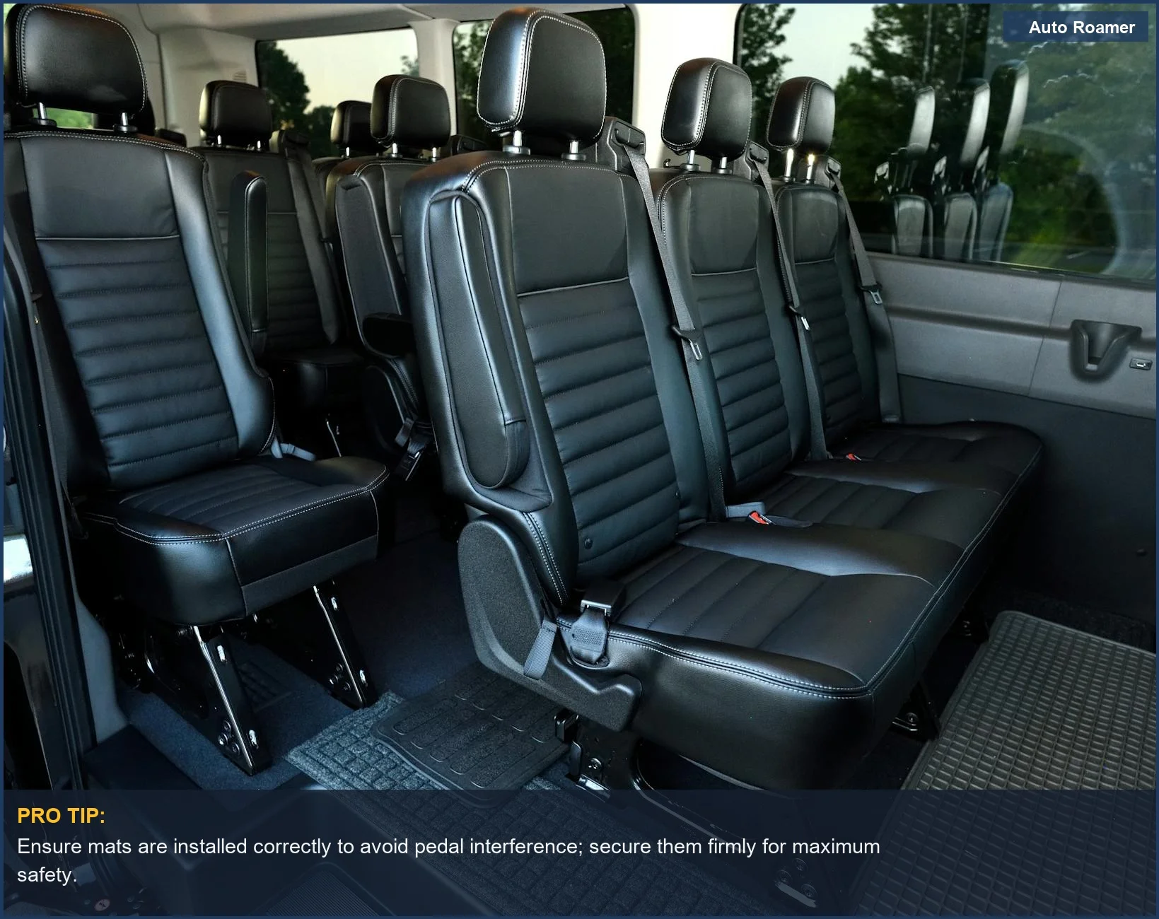 Luxurious black leather seating in a spacious minivan with ample legroom, perfect for showing premium car interiors.