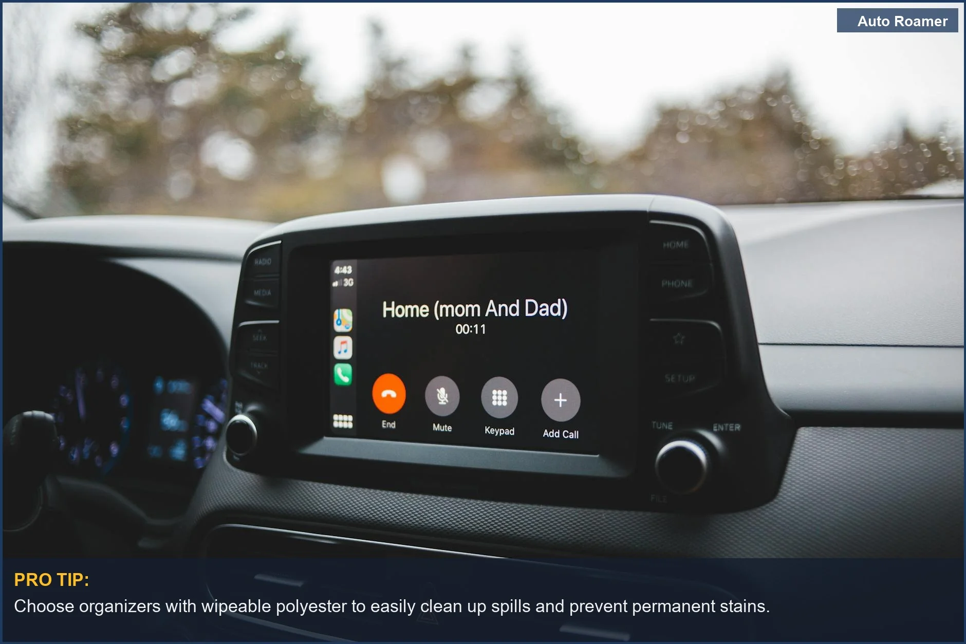 Modern car multimedia screen displaying a hands-free call for a family road trip.