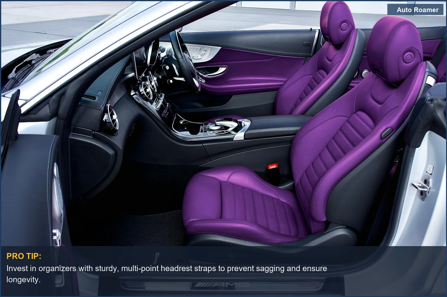 Eye-catching purple leather seats in a premium car's modern interior.