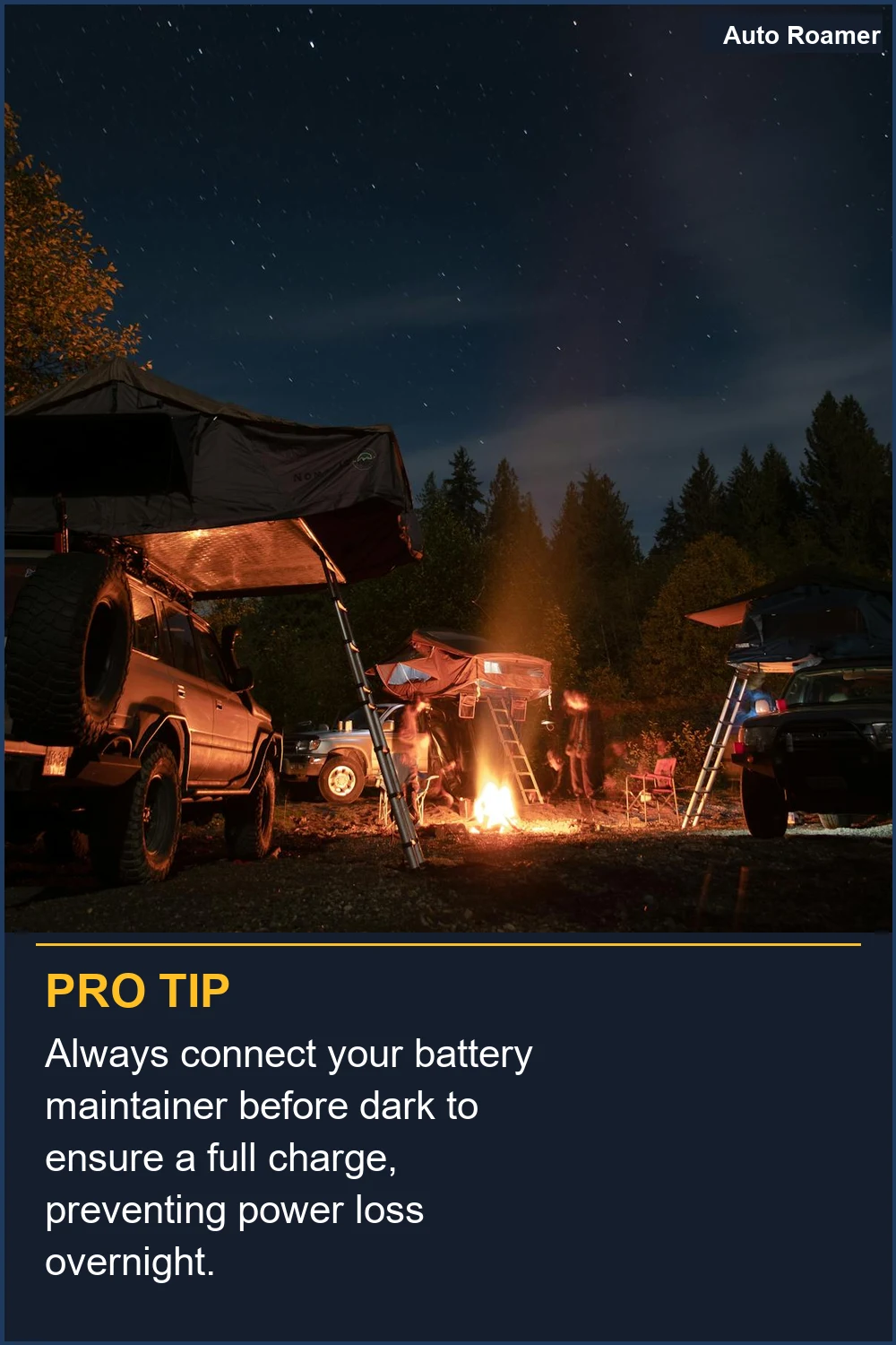 Always connect your battery maintainer before dark to ensure a full charge, preventing power loss overnight.