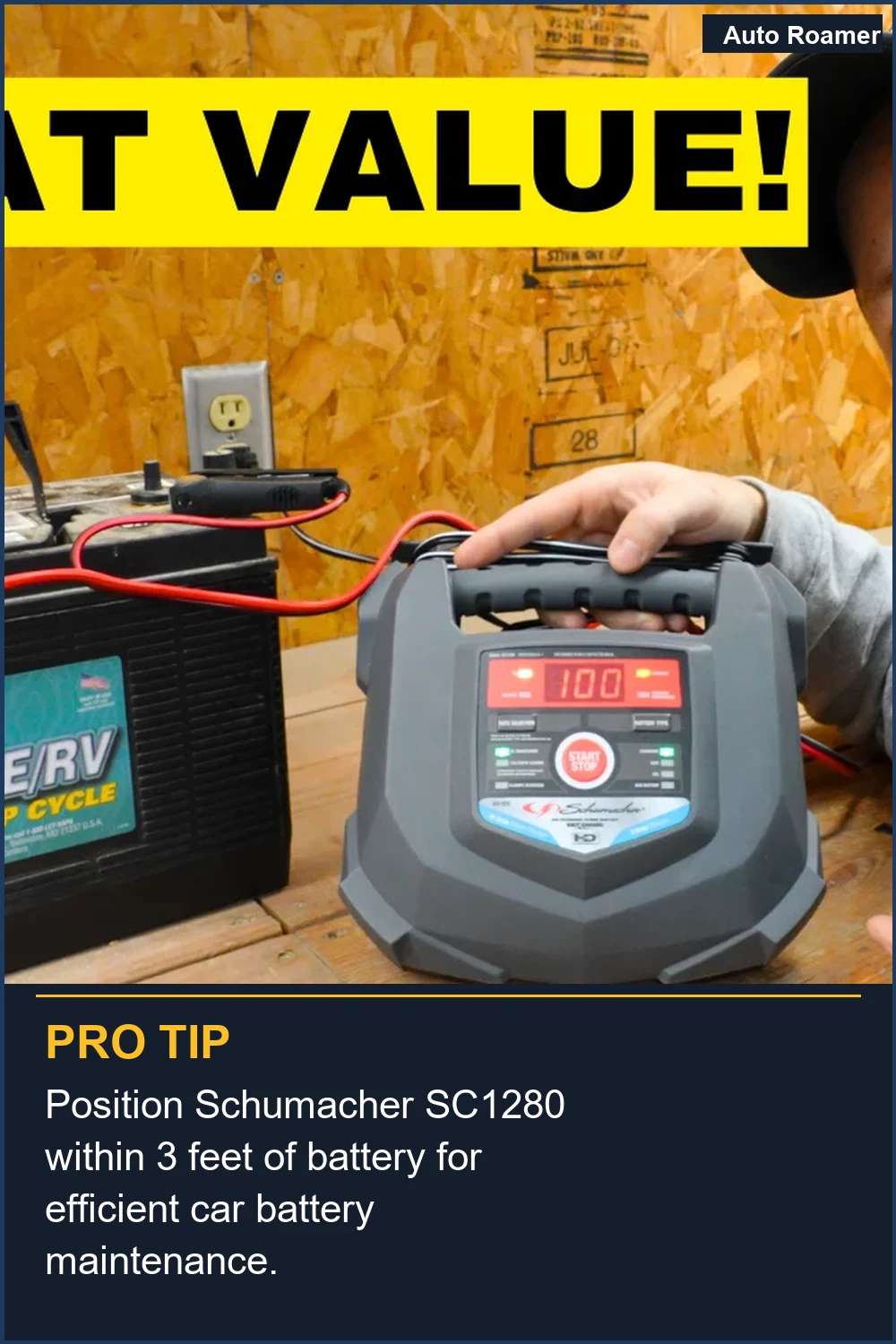Position Schumacher SC1280 within 3 feet of battery for efficient car battery maintenance.