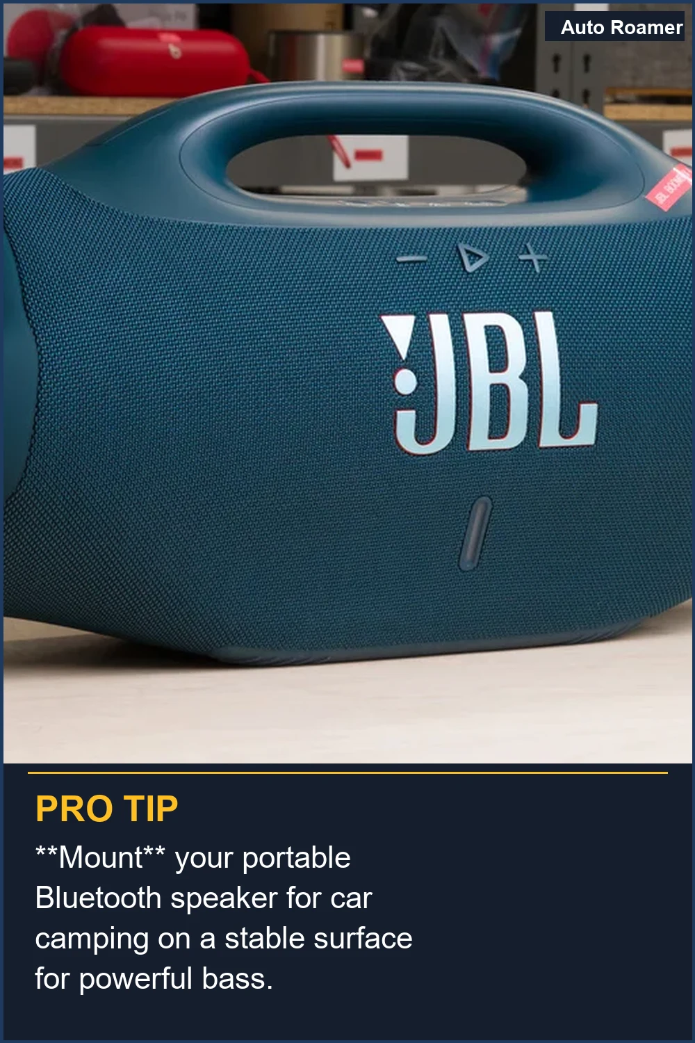 **Mount** your portable Bluetooth speaker for car camping on a stable surface for powerful bass.