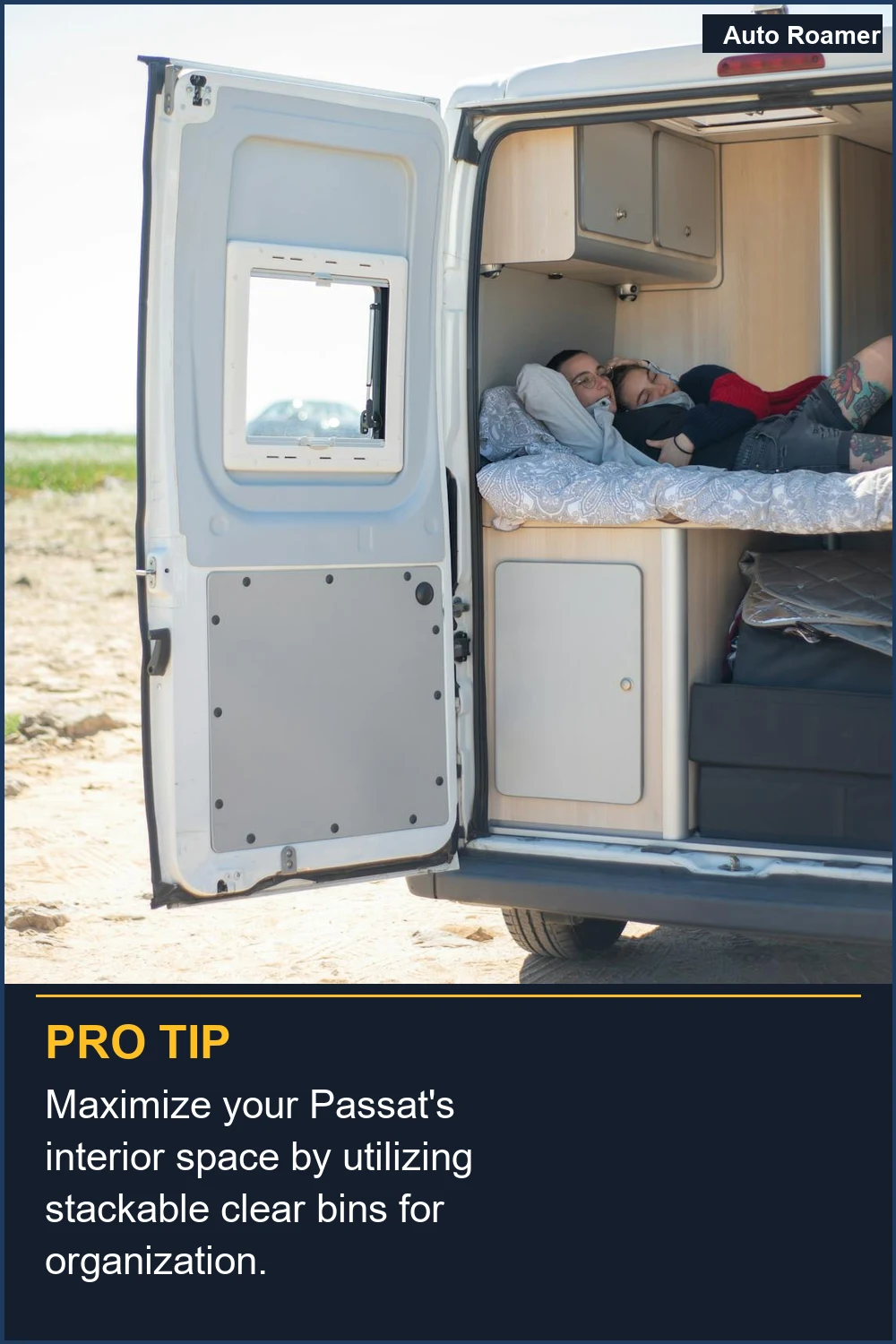 Maximize your Passat's interior space by utilizing stackable clear bins for organization.