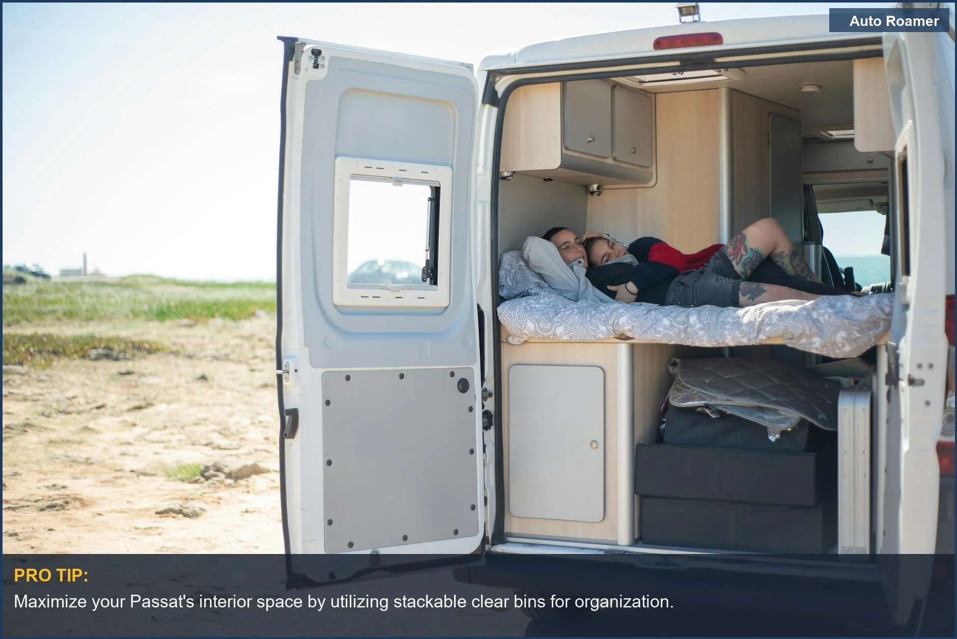 Couple enjoying a cozy Volkswagen Passat camper interior, ideal for road trip comfort.