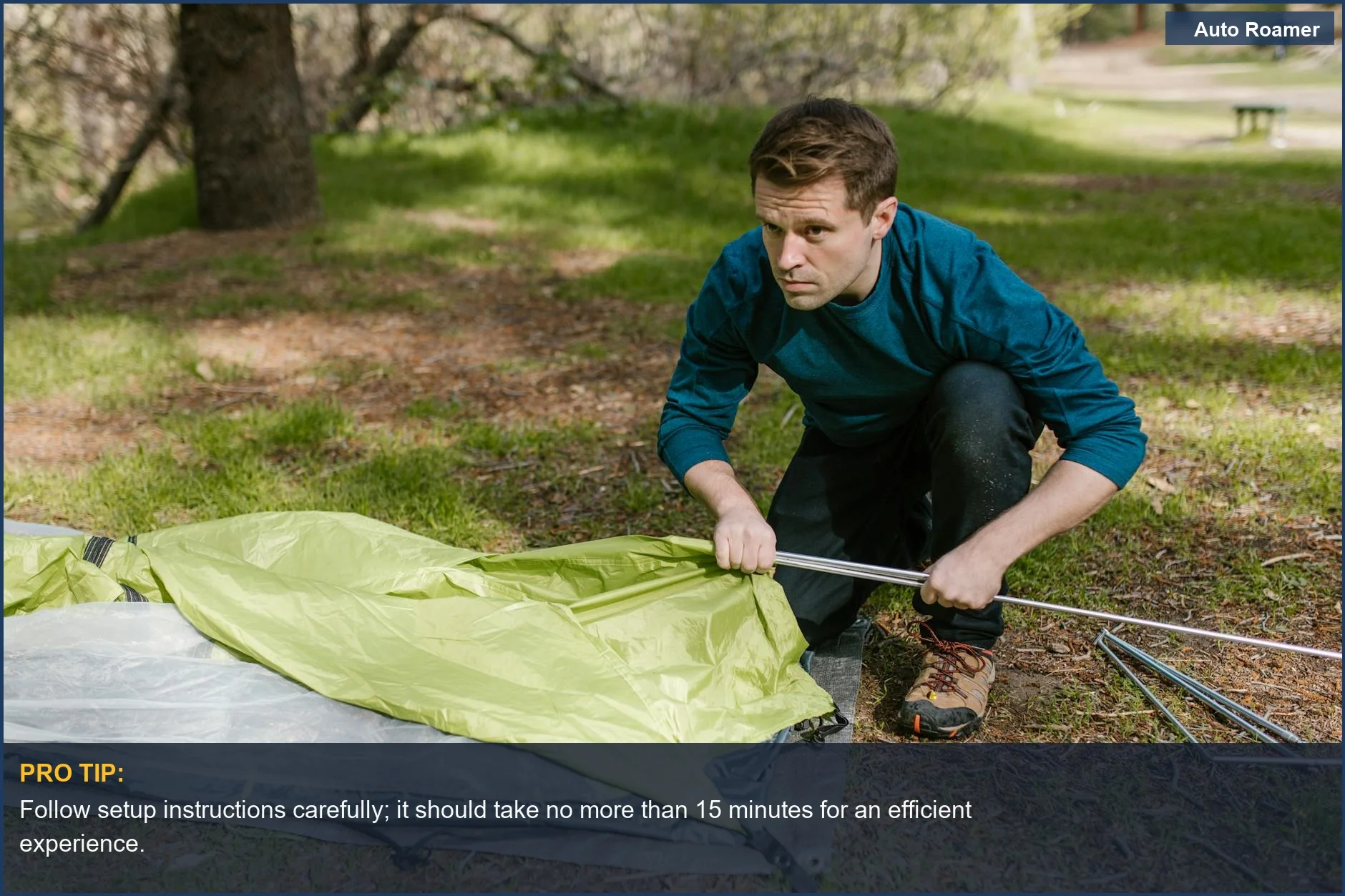 Man assembling a tent in a forest, demonstrating setup for SUV camping.