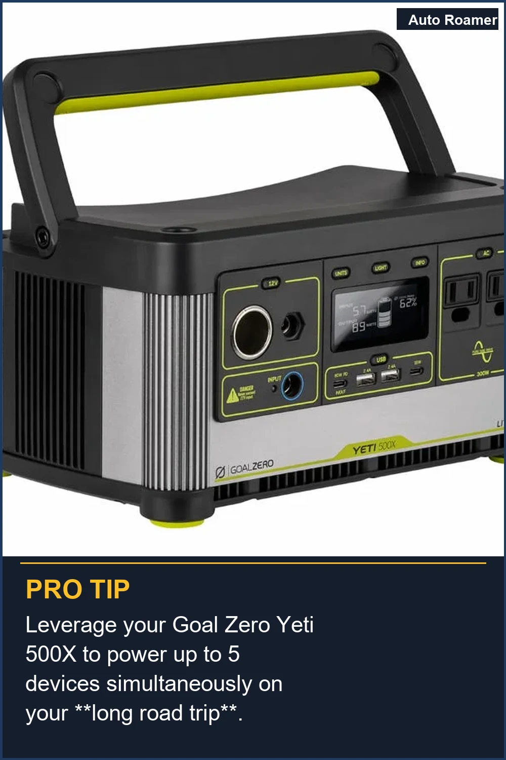 Leverage your Goal Zero Yeti 500X to power up to 5 devices simultaneously on your **long road trip**.