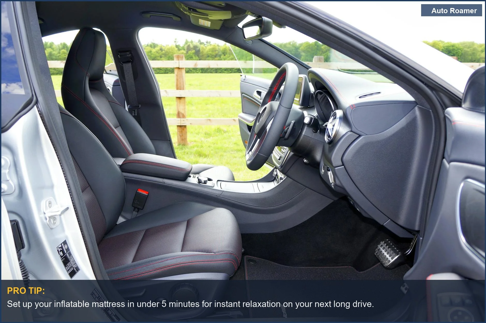 Comfortable car interior with inflatable air mattress setup for the best road trip accessories.