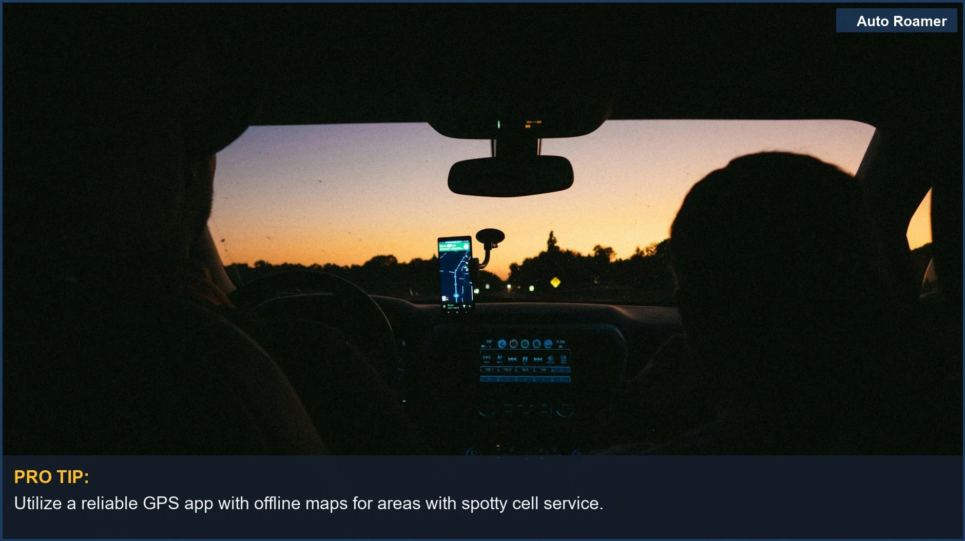 Car interior with navigation app on screen at sunset, showcasing travel technology and convenience.