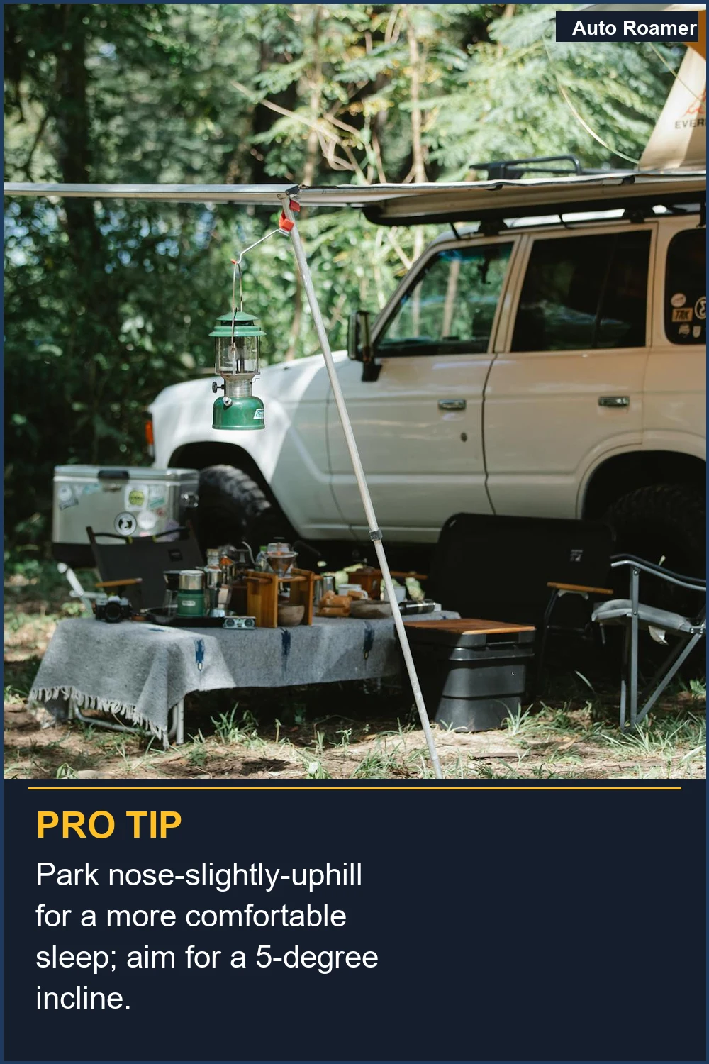 Park nose-slightly-uphill for a more comfortable sleep; aim for a 5-degree incline.