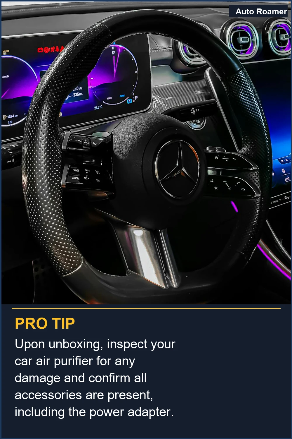 Upon unboxing, inspect your car air purifier for any damage and confirm all accessories are present, including the power adapter.