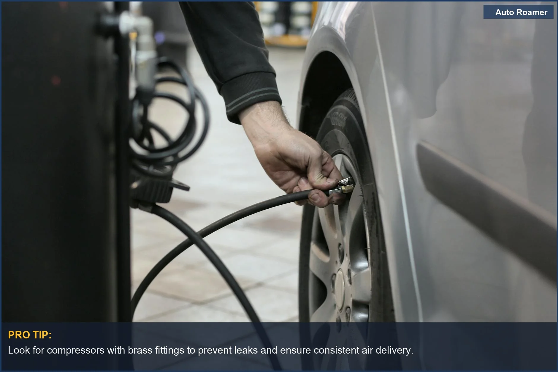 Mechanic ensures optimal tire pressure with a car tire inflator in a repair shop.