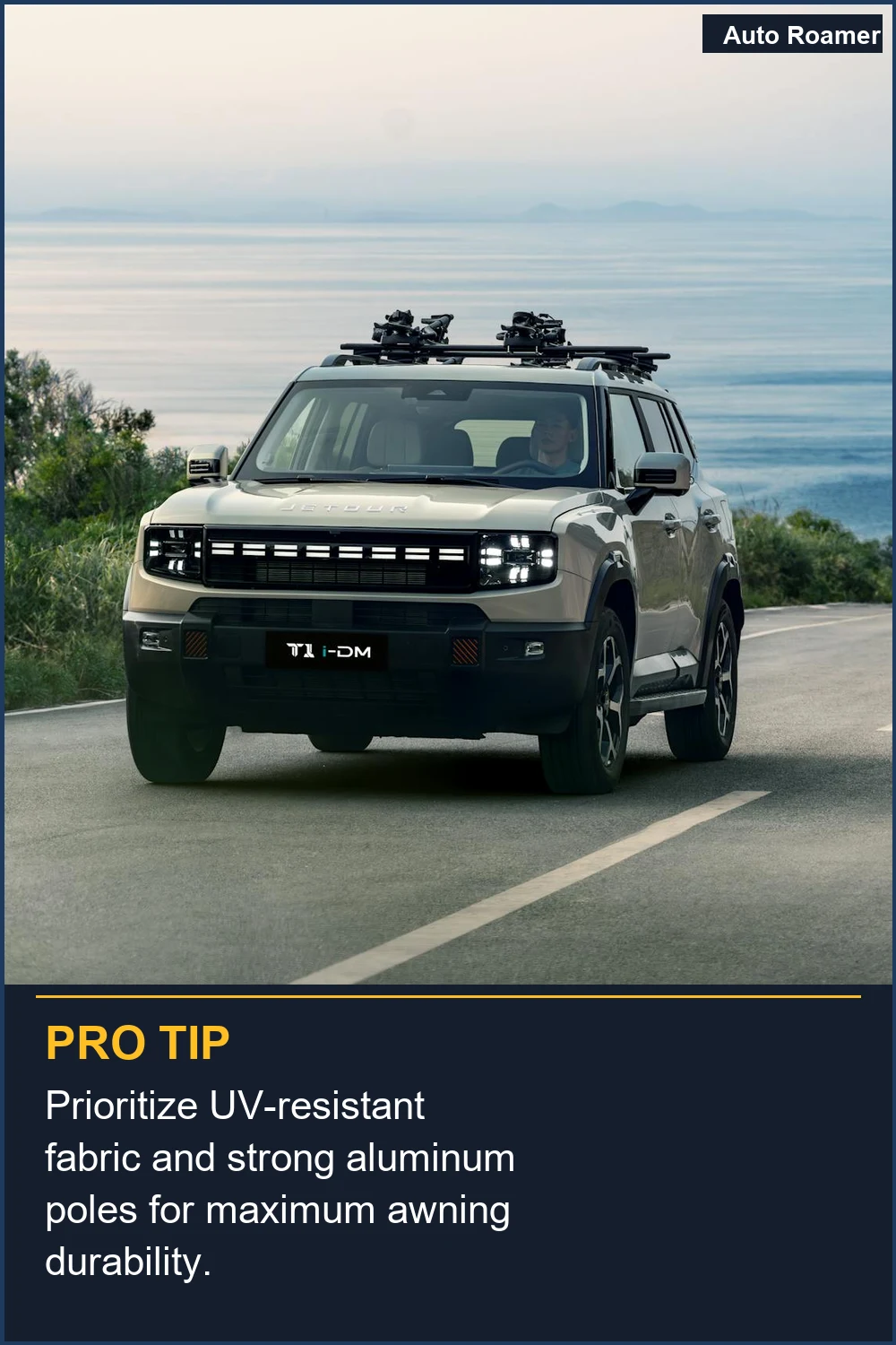 Prioritize UV-resistant fabric and strong aluminum poles for maximum awning durability.