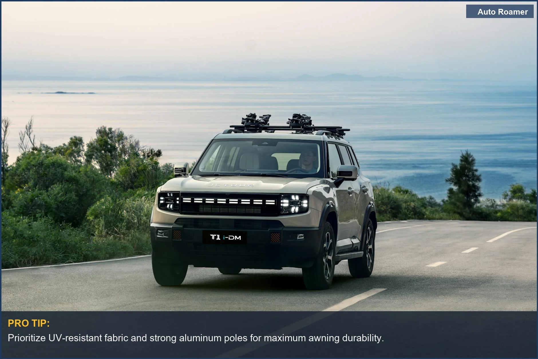 Modern eco-friendly SUV ready for coastal adventures, highlighting its suitability for car camping.