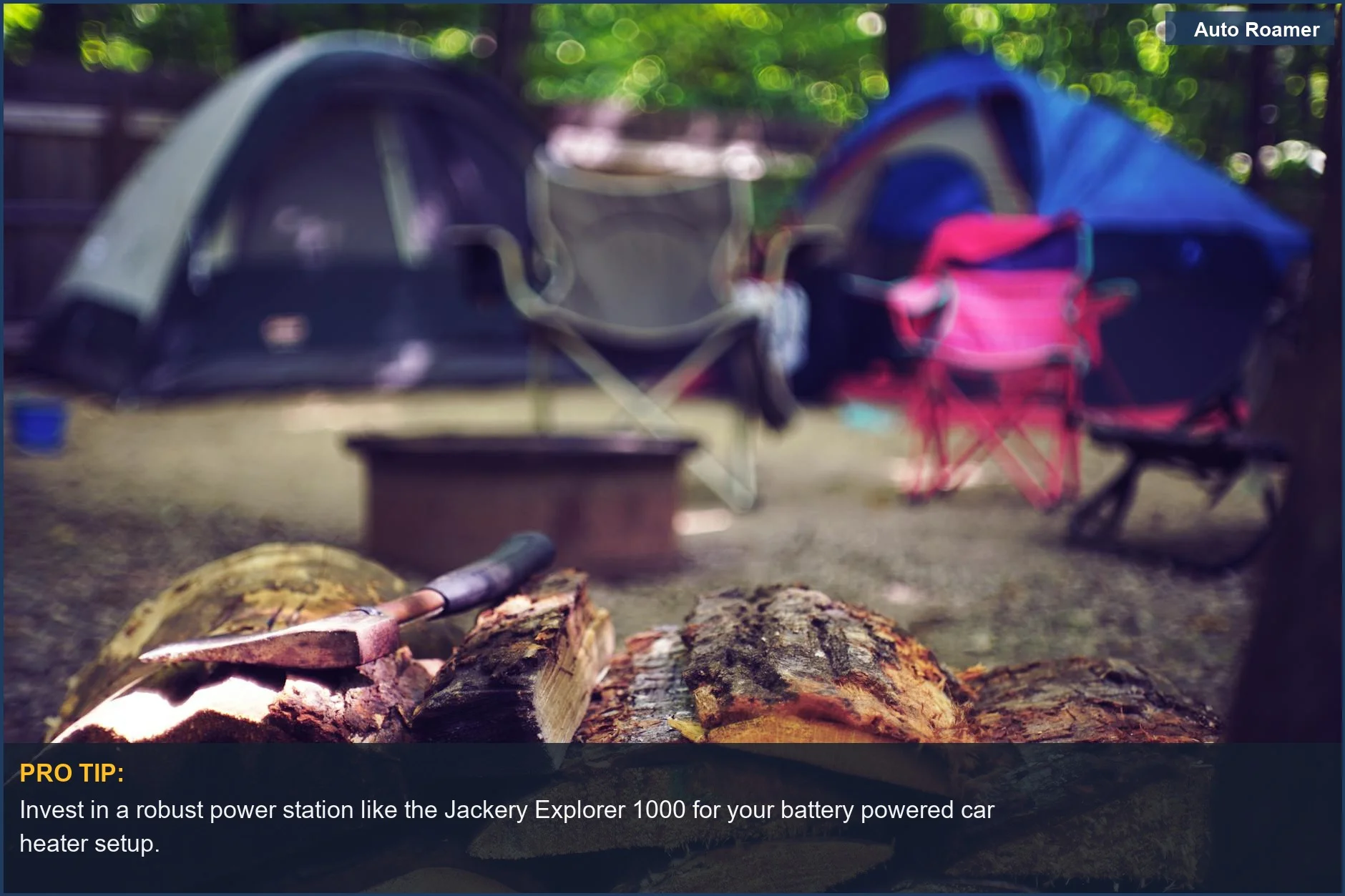 Serene summer campsite with tents, chairs, and firewood perfect for outdoor adventures.