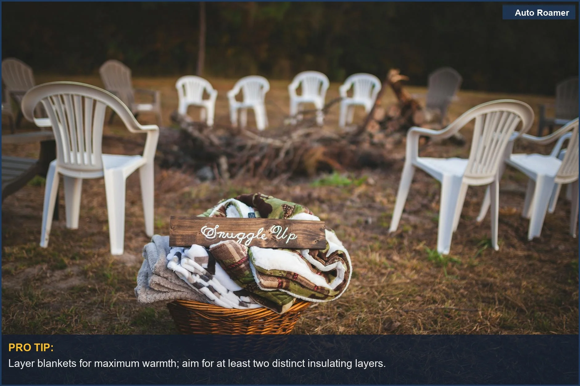 Cozy car camping blanket scene with chairs and campfire, ideal for cold weather adventures.