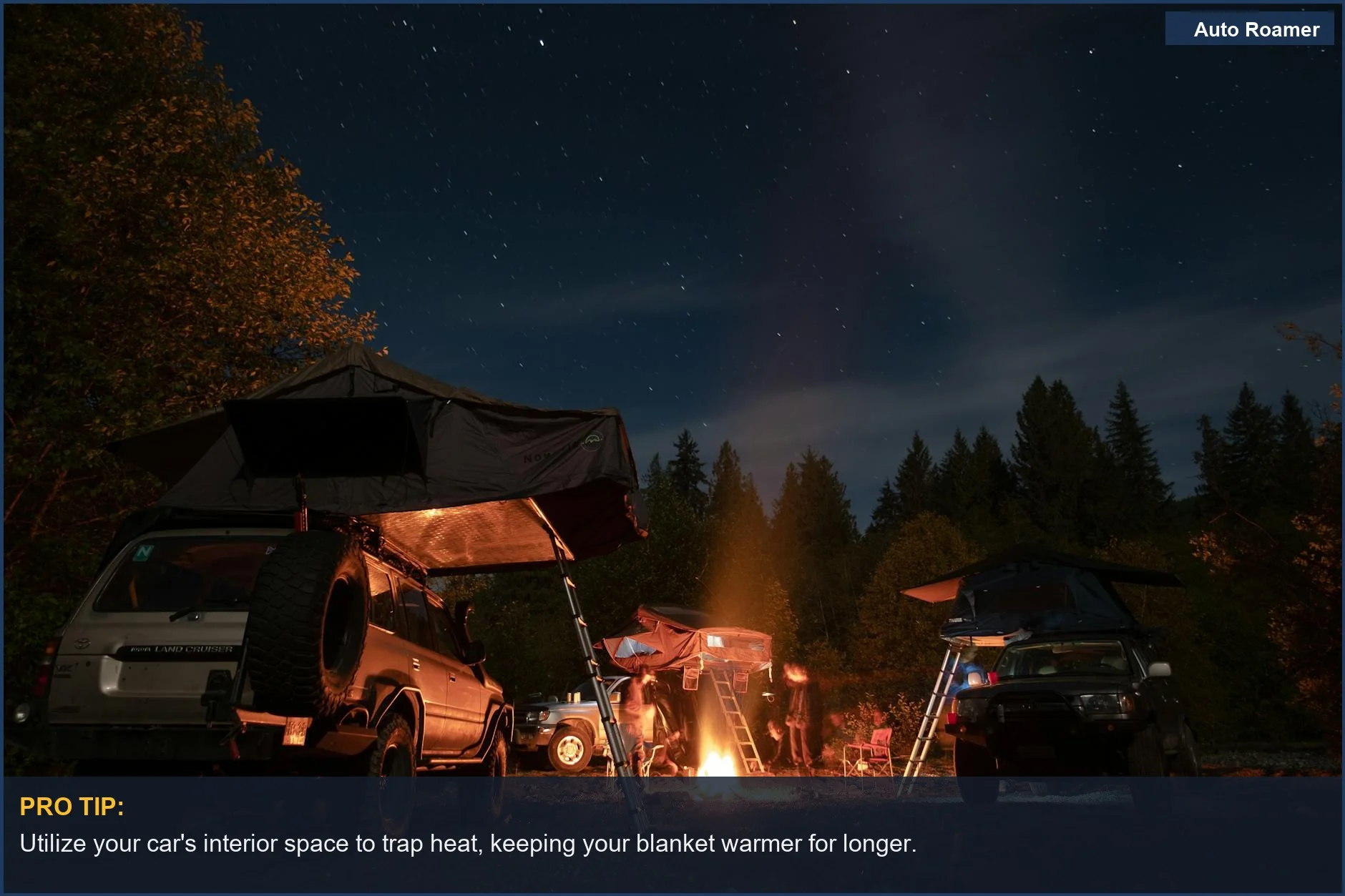 Starry night car camping scene with tents, bonfire, and cozy blankets under the stars.