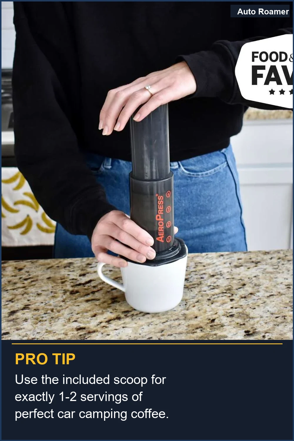 Use the included scoop for exactly 1-2 servings of perfect car camping coffee.