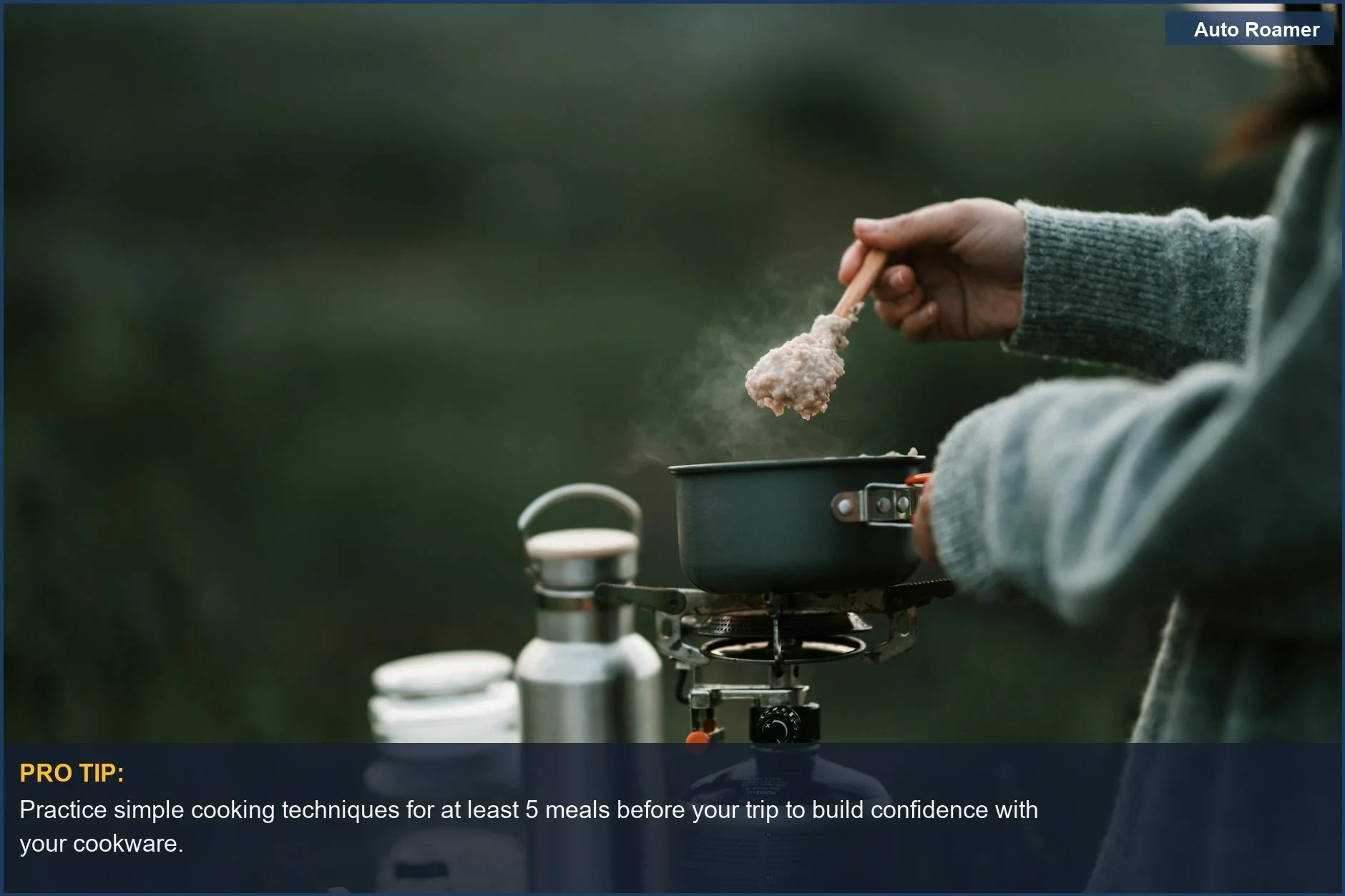 Person cooking steaming oatmeal on a portable stove during a camping trip, highlighting practical car camping cooking techniques.